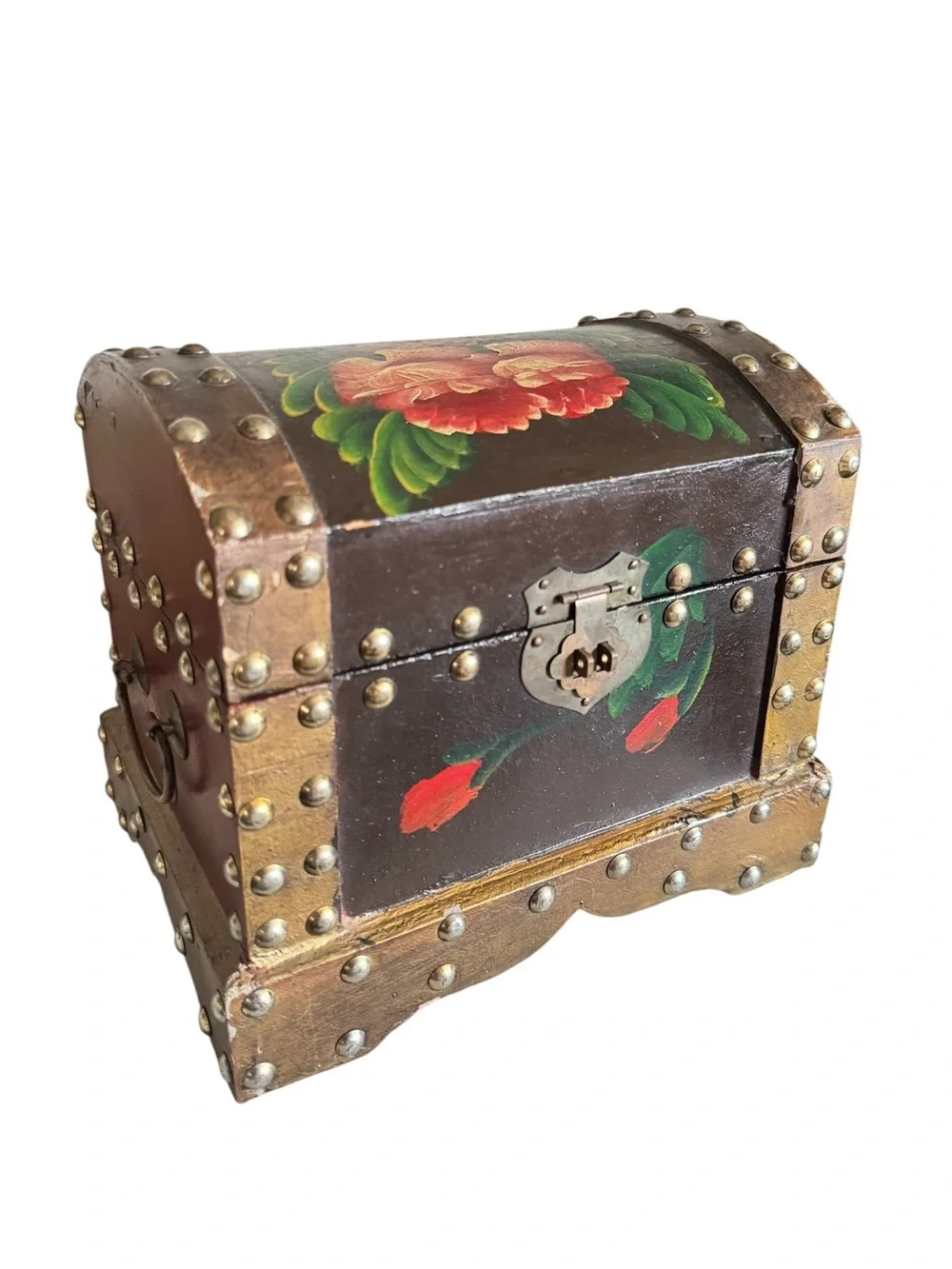 Vintage Floral Painted Wood Trinket Chest Box